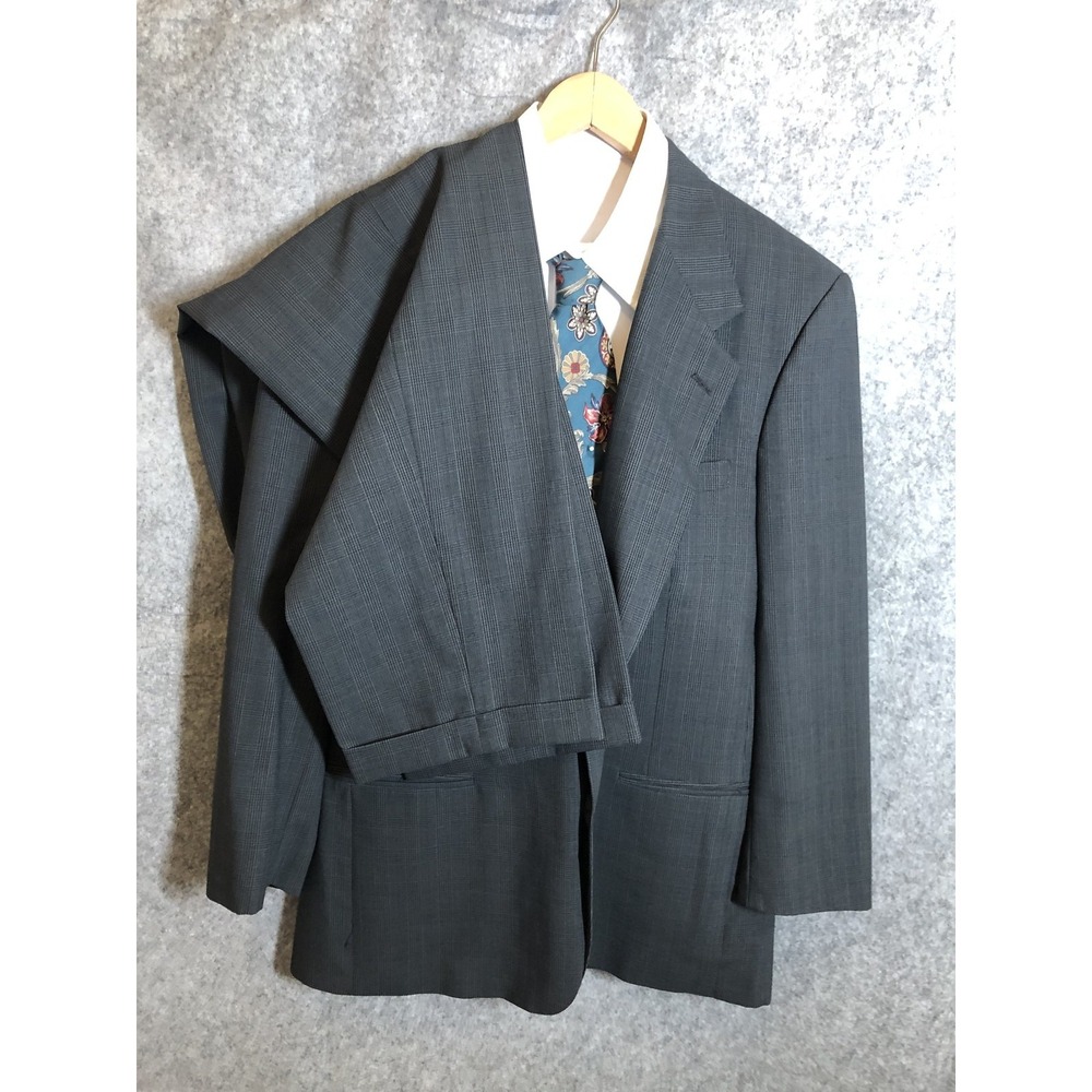 Nino Cerruti Suit Mens 43R Gray Windowpane Wool Blazer Jacket 37 Pants Pleated